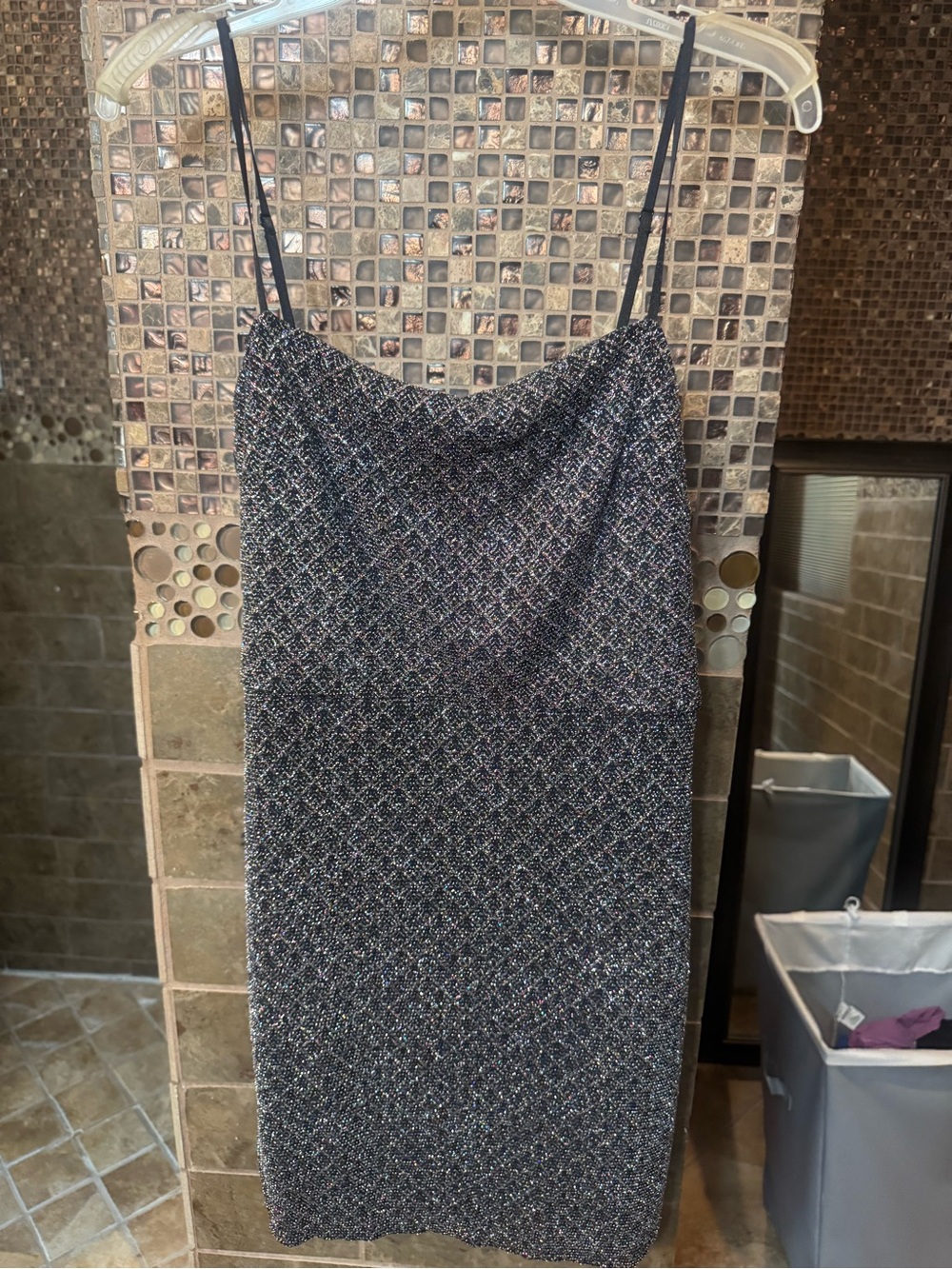 Altar'd State Black and Silver Sparkle Spaghetti-Strap Mini Dress